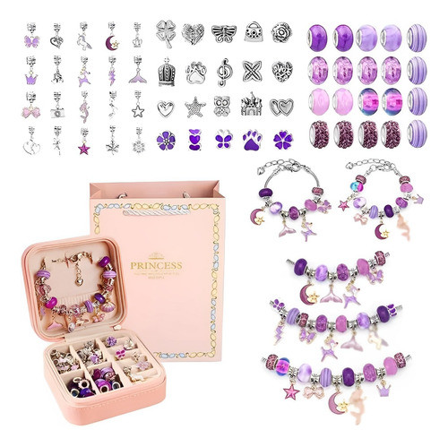 Kit Roxo Berloques Pulseira Infantil 66un + Porta Joias 0