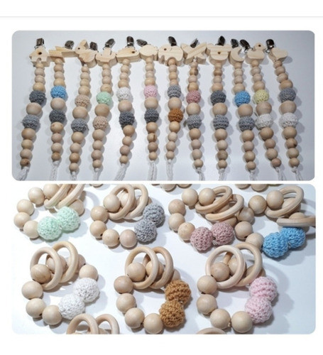 6 Pulseras Sonajero 6 Porta Chupete Madera Combo Mayorista 1