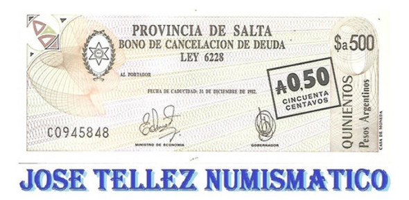 Ec# 007 Bono Salta $a 500 Resellado 50 Centavos Unc Palermo 0 Ec# 007 Bono Salta $a 500 Resellado 50 Centavos Unc Palermo 0