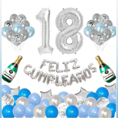 Combo Deco Globos Feliz Cumple 18/40/50 Festeja Plata/azul 0