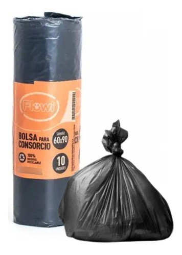 10 Bolsas Residuo 60x90 Negra Base Reforzada No Gotea Flowi 0