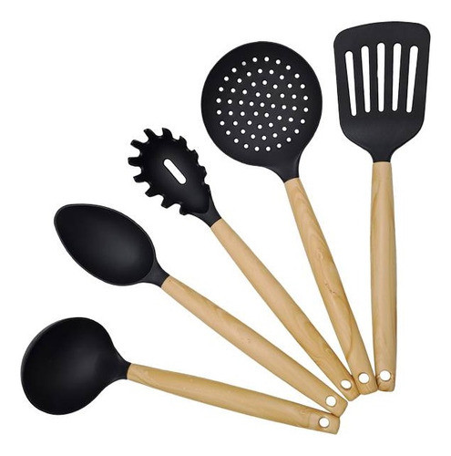 Set X5 Kit Utensilios De Cocina Simil Madera Punta Nylon 0
