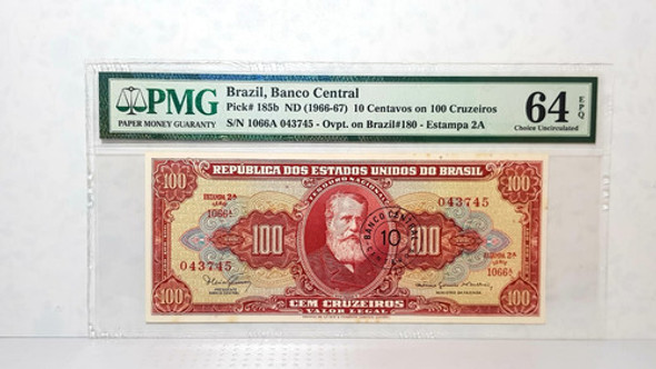 Brasil Cédula 100 Cruzeiros 1966-67 Carimbo 10 Cent. Pmg 64 0 Brasil Cédula 100 Cruzeiros 1966-67 Carimbo 10 Cent. Pmg 64 0