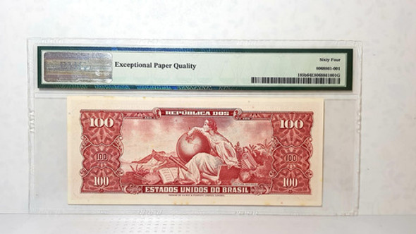 Brasil Cédula 100 Cruzeiros 1966-67 Carimbo 10 Cent. Pmg 64 1 Brasil Cédula 100 Cruzeiros 1966-67 Carimbo 10 Cent. Pmg 64 1