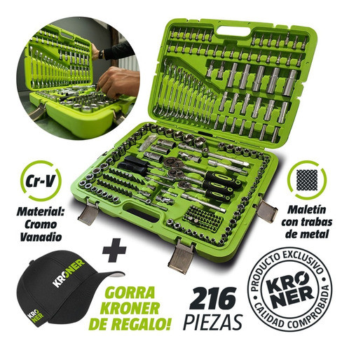 Juego Llaves Puntas Tubos 216 Piezas Cr. Vanadio Prof Kroner 0