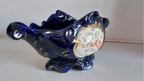 Centro De Mesa-decorado A Mano-porcelana Azul Cobalto Retro. 1