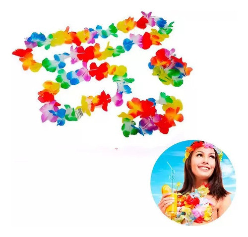 Kit Havaiano Colar Coroa Pulseira Festas Carnaval 4 Pçs 1
