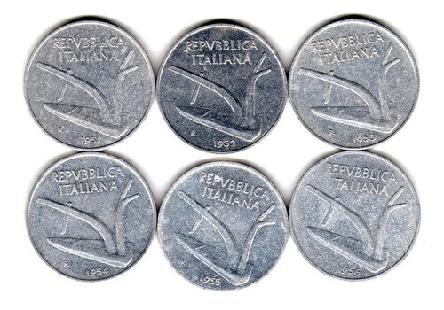 Italia Lote 6 Monedas 10 Liras Años 1951 A 1956 Muy Lindas 0