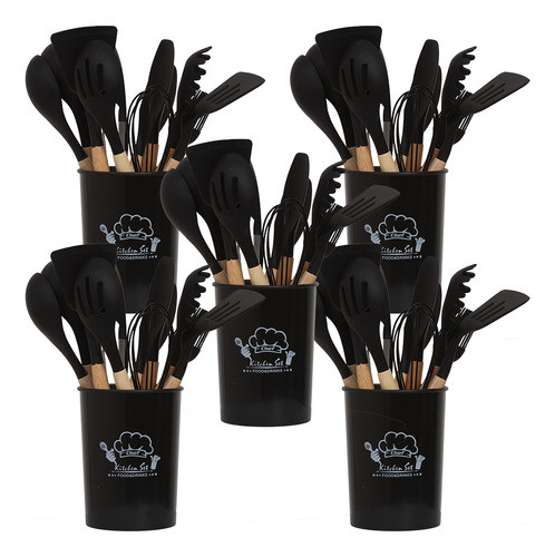 5 Kit Talheres Silicone Preto Qualidade Premium Antiaderente 0