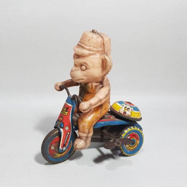 Antiguo Juguete A Cuerda Mono En Moto Chapa Plast Mag 61782 0