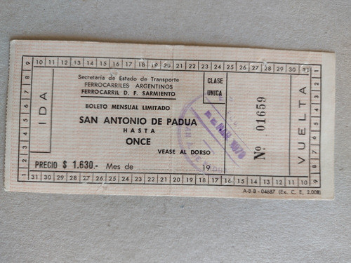 Boleto Mensual Ferrocarril Sarmiento De San Antonio De Padua 0