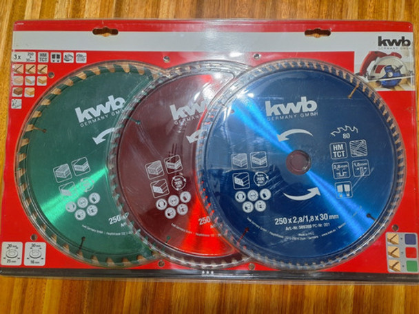 Juego Kit 3 Hojas Sierra Kwb 250mm De 80, 60 Y 40 Dientes 0