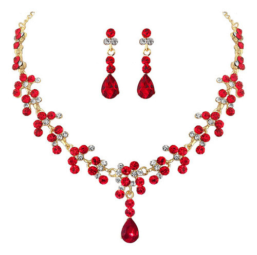 Conjunto Elegante De Colar E Brinco Vermelhos, Strass De Noi 0