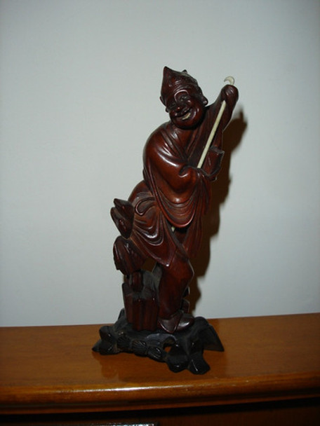 Antigua Talla China Oriental De Madera Baston Ojos Sonrisa 0