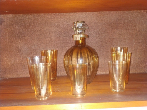 Botellón De Vidrio Con Vasos Antiguo 0