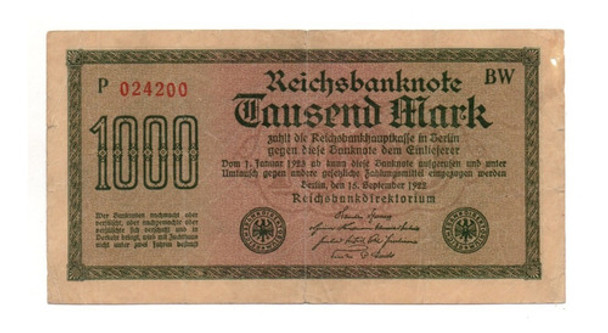 Alemania Weimar Billete 1000 Marcos Año 1922 P#76b 0 Alemania Weimar Billete 1000 Marcos Año 1922 P#76b 0