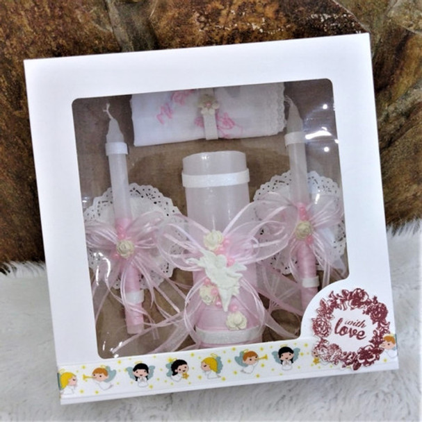 Set Velas Para Bautismo Con Velón Y Pañuelo Rosa 0