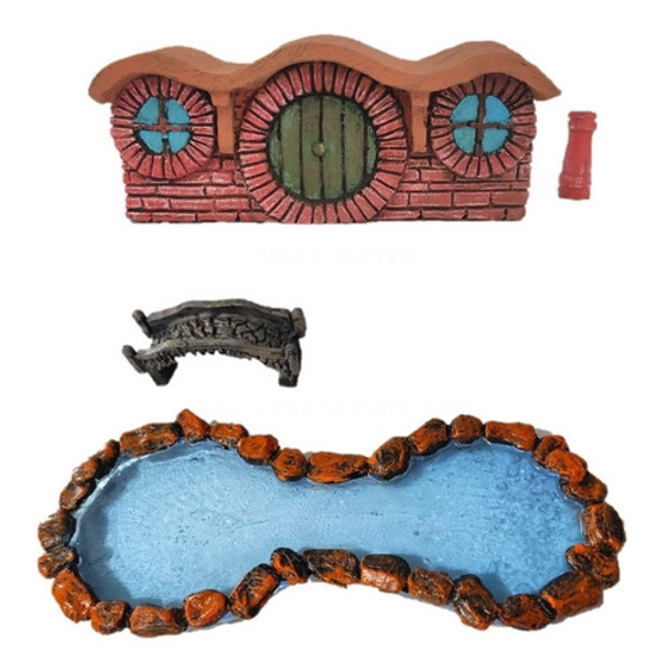 Kit Casa Hobbit + Ponte + Lago 20 Cm Miniaturas Em Resina 0
