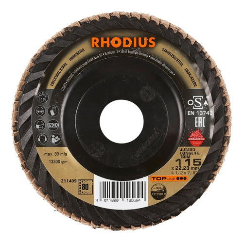 791156 Disco Flap 115mm/4.5  Grano 80 Rhodius Mayor Duración 0