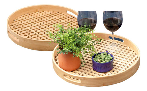 Kit 2 Bandeja Vazada Bambu Redonda Vazada 40cm Multiuso 35cm 0