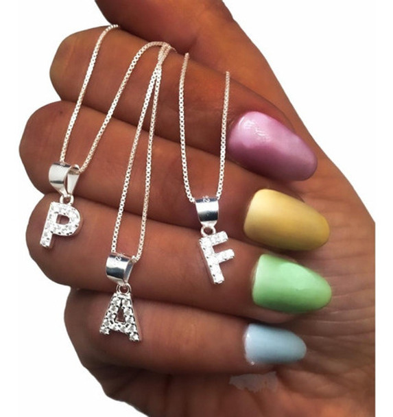 Conjunto Cadena Collar Inicial Letra Piedras Plata 925 45c 0