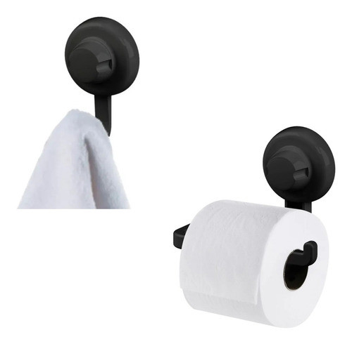 Kit Suporte Papel Higiênico Gancho Multiuso Ventosa Preto 0