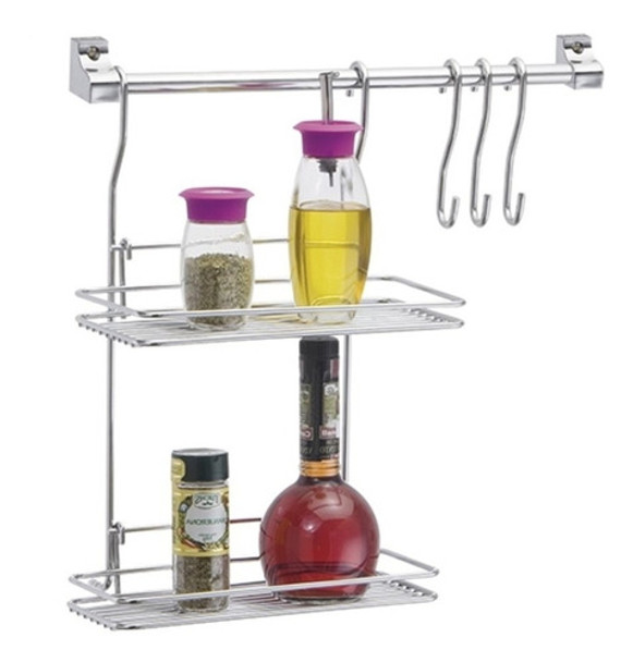 Kit Cozinha Suspensa Prateleira Dupla 3 Ganchos Barra Aço 0 Kit Cozinha Suspensa Prateleira Dupla 3 Ganchos Barra Aço 0