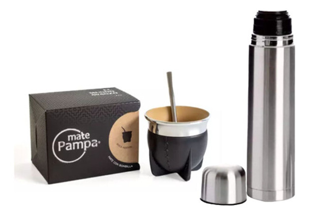 Set Matero Termo Plateado 1 L Mate Termico Ecocuero Bombilla 0