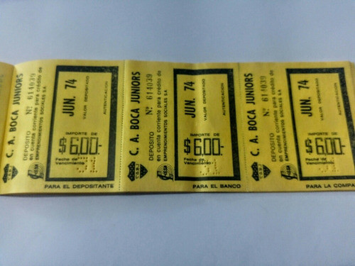 Boletas Deposito Boca Juniors Junio 1974 Impecable X3 0
