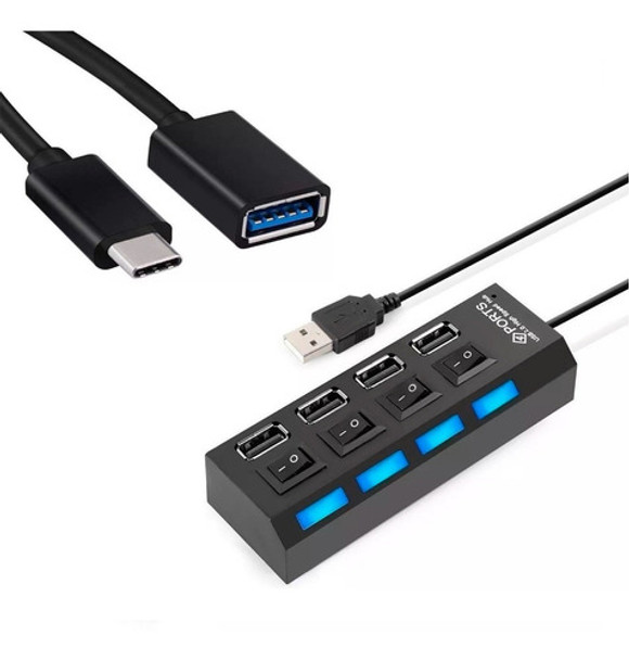 Otg Tipo Usb C + Hub 4 Portas Adaptador Pen Drive Mouse Usb 0
