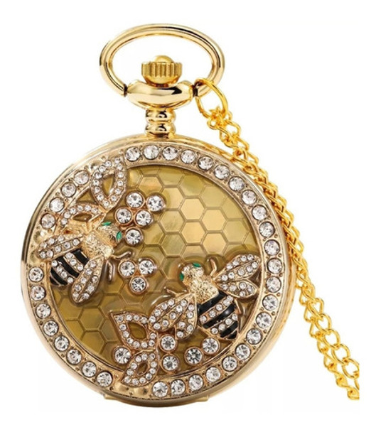 Relógio Bolso Luxo Strass Colméia Abelhas Aço Inox Corrente 0 Relógio Bolso Luxo Strass Colméia Abelhas Aço Inox Corrente 0