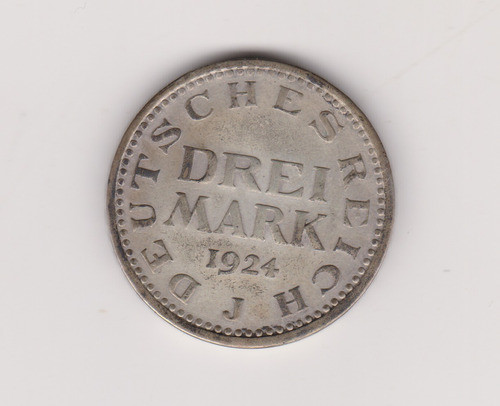 Moneda Alemania 3 Marcos 1924 J Plata Excelente 0