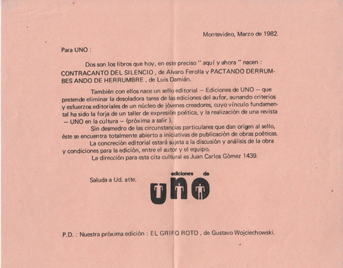 1982 Ediciones De Uno Invitacion Lanzamiento Primeros Libros 0