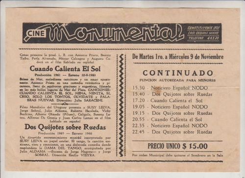 1966 Cine Monumental Antiguo Programa Vintage Montevideo 0