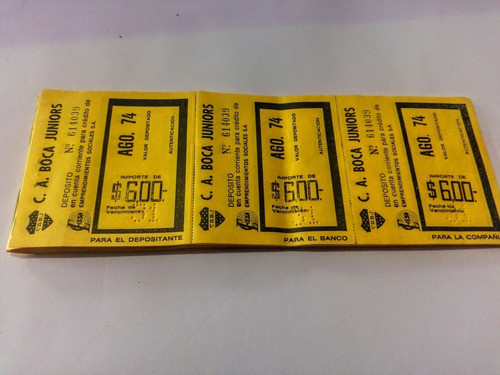 Boletas Deposito Boca Juniors Agosto 1974 Impecable X3 0