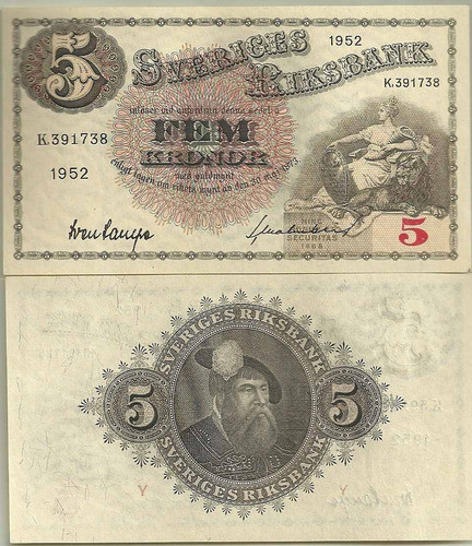 Billete Suecia Año 1952 5 Coronas Sin Circular 0