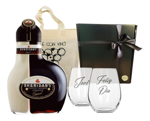 Box Licor Sheridan's + 2 Vasos Vidrio Grabados Regalo Caja 0