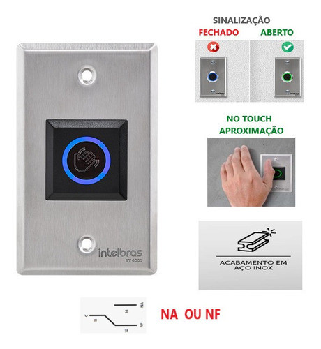 Botão No Touch Saida Inox Embutir 4x2 Intelbras Bt4001 Na Nf 0