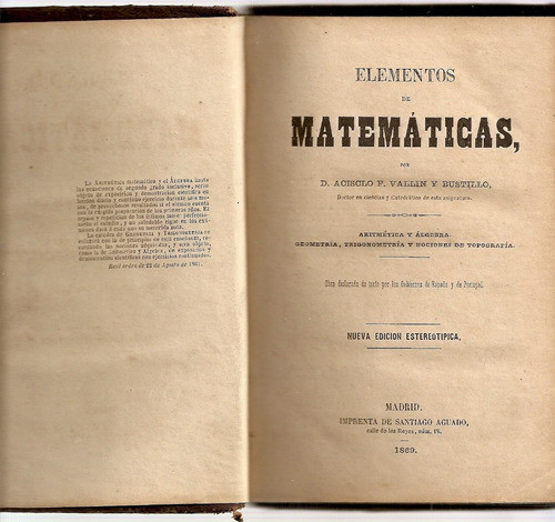 Elementos De Matematicas - Vallin Y Bustillo  - Aguado 1869 0
