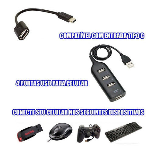 Kit Mobilador Hub Usb 4 Portas Fio De 1 Metro + Otg Tipo C 0