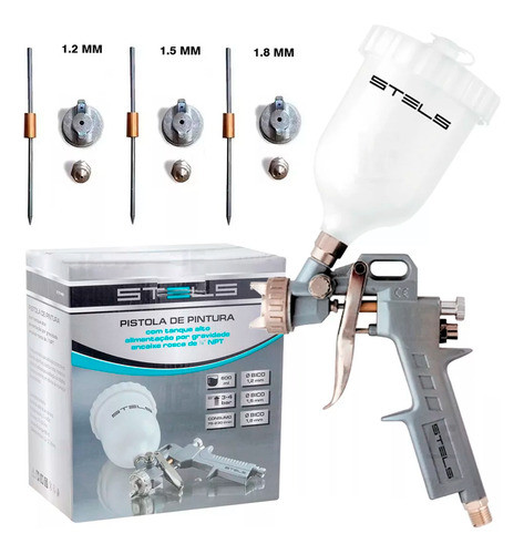 Pistola Pintura Gravidade 600ml + 3 Bicos Com Engate Rápido 0
