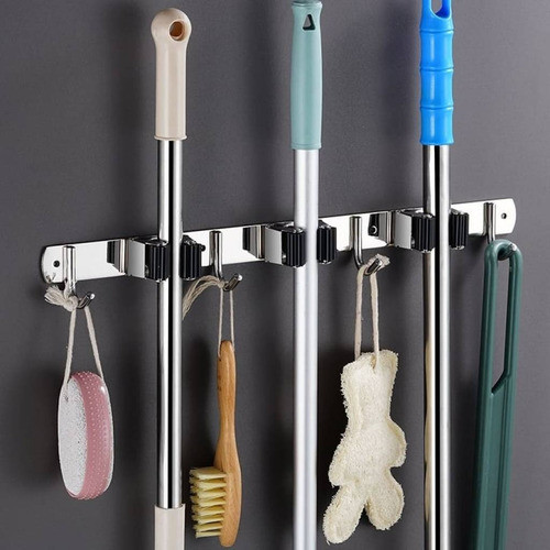 Soporte Para Escoba De Pared Acero Inoxidable Con Ganchos 0