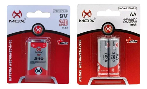Bateria Recarregável 9v Volts Mox Original + 2 Pilha Aa 1.2v 0