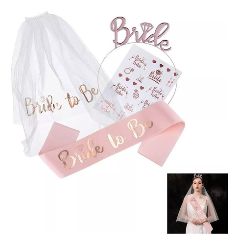 Kit Despedida De Solteira Tiara Bride Véu Faixa + Tatuagem 0