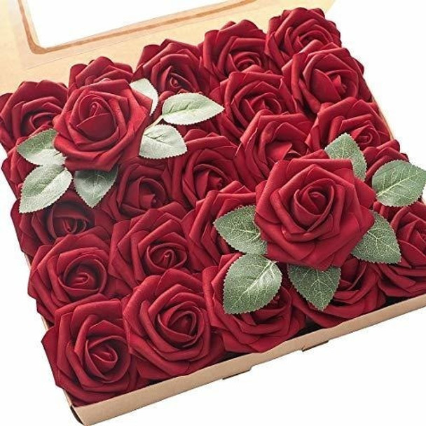 Rosas Artificiales C/tallo Realistas X25u /7.6cm/rojo Oscuro 0
