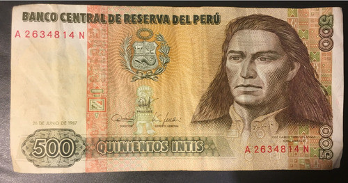 Papel Billete De Peru, 500 Intis , Año 1987 0