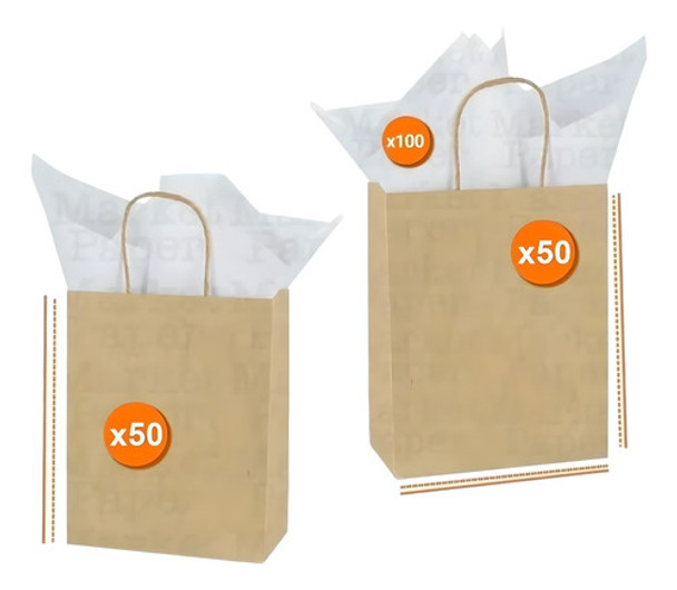 50 Kraft 20x18x8 + 50 Kraft 30x22x10 + 100 Papel Seda * 0