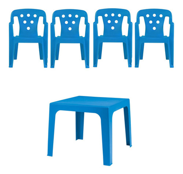 Kit 4 Cadeiras Infantil E 1 Mesa Mesinha Azul Plástica 0