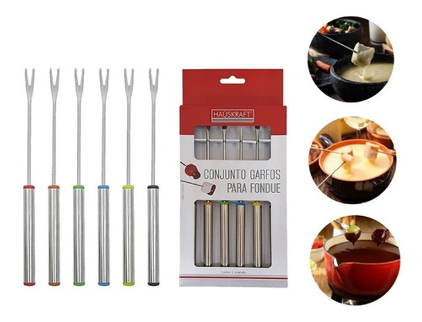 6 Garfos Para Fondue Petiscos Aperitivos Aço Inox Colorido 0