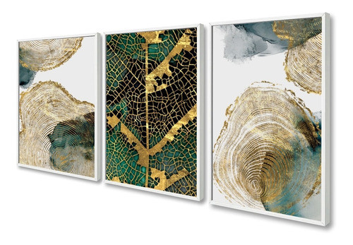 Kit 3 Quadros Decorativos Modernos Abstrato Folhagem Dourada 0